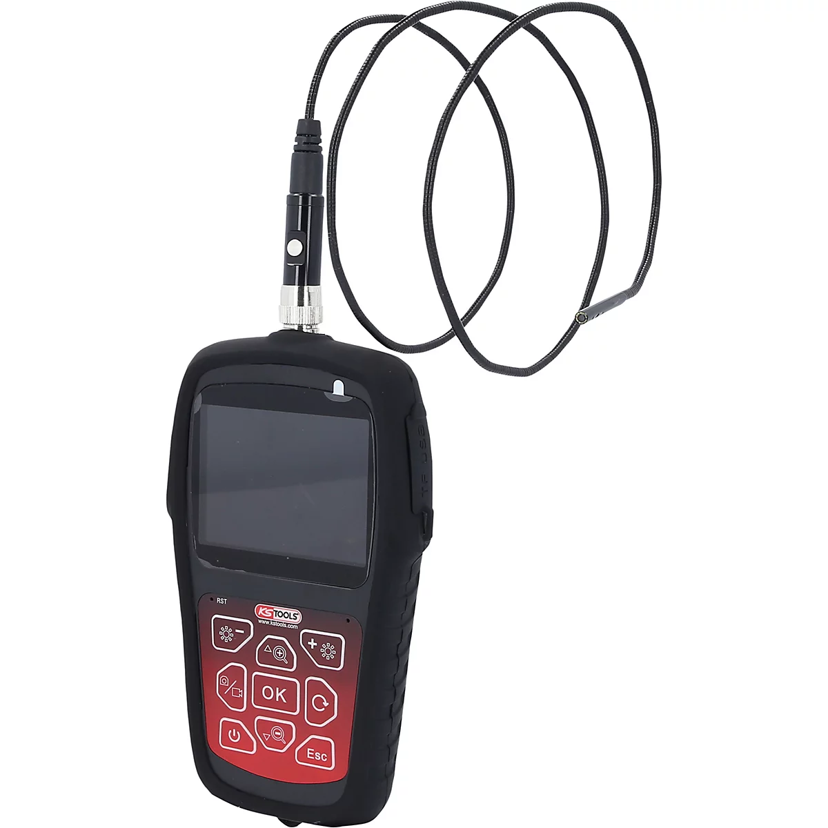 Schwarzes Gerät mit roter Bedienelementen und Kabel.